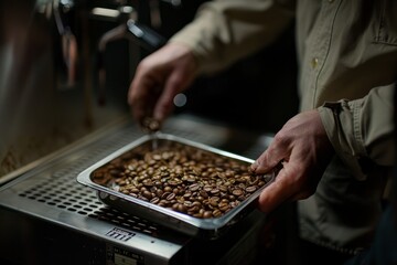 Roaster Checking Coffee Beans Quality Mid-Roast, Close-Up Shot