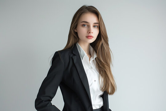 Confident and stylish, a beautiful girl exudes professionalism in a sleek business suit, radiating success and elegance