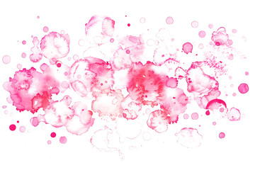 Pink watercolor paint droplets on white background.