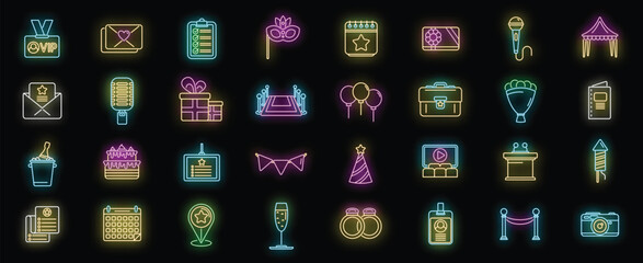 Event management icons set outline vector. Conference participant. Invite sponsorship neon color isolated