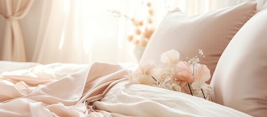 A bed with crisp white linens and fluffy pillows in a room with wood flooring, creating a serene and elegant bedroom setting - obrazy, fototapety, plakaty