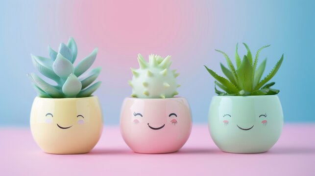 A group of small potted plants with faces drawn on them