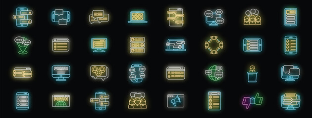 Forum icons set outline vector. Feedback dialog. Review customer neon color isolated