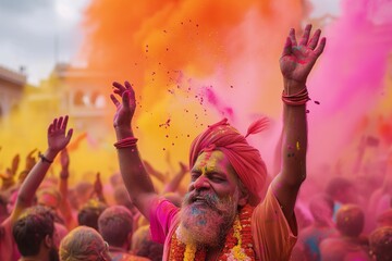 A man enjoying the colorful Holi festival in Udaipur.