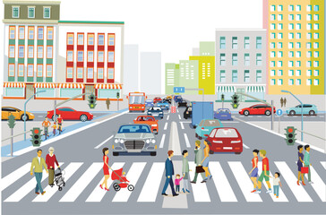 Stadtsilhouette einer Stadt mit Verkehr  illustration - 761394533