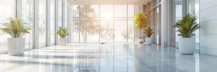 Banner with blurred business office background. Lobby reception hall interior or empty indoor foyer meeting room with light from glass wall window - obrazy, fototapety, plakaty
