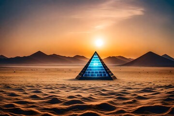 surreal  futuristic pyramid glowing  on desertic planet
