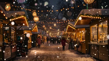 Fototapete Rund A snowy street with people walking and a Christmas market © XtravaganT