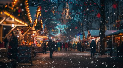 A snowy street with people walking and a Christmas market