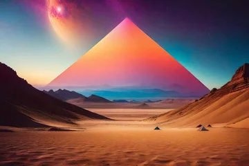 Gordijnen vintage purplre retrowave pyramid glowing  on desertic planet © eric