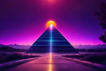 vintage purplre retrowave pyramid glowing  on desertic planet - obrazy, fototapety, plakaty
