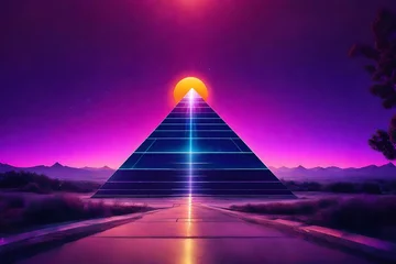 Rolgordijnen vintage purplre retrowave pyramid glowing  on desertic planet © eric