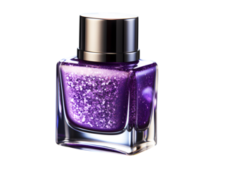 Shiny purple diamond scale nail polish in closed by bottle cap black isolated on cut out PNG or transparent background. Fashion Beauty Varnish. Cosmetics for women. Realistic clipart template pattern.