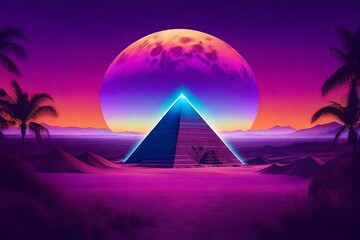 vintage purplre retrowave pyramid glowing  on desertic planet