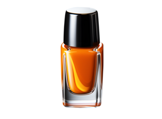 Shiny yellow orange nail polish in closed by bottle cap black isolated on cut out PNG or transparent background. Fashion Beauty Varnish. Cosmetics for women. Realistic clipart template pattern.