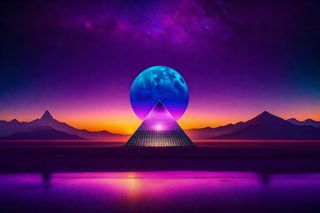 vintage purplre retrowave pyramid glowing  on desertic planet