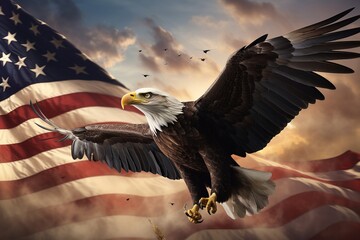 Naklejka premium A North American bald eagle with an American flag, a symbol of freedom and independence, a space for text. A patriotic concept.