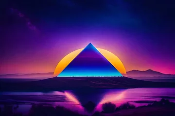 Photo sur Aluminium Violet vintage purplre retrowave pyramid glowing  on desertic planet