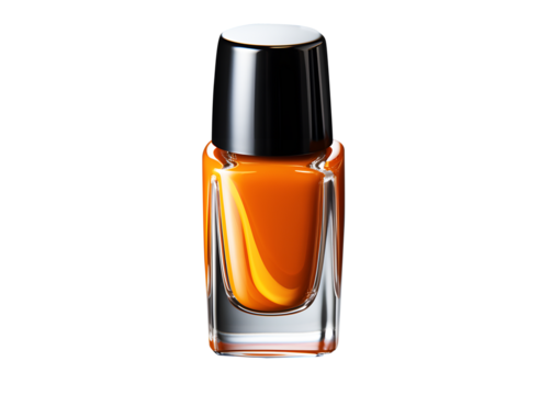 Shiny yellow orange nail polish in closed by bottle cap black isolated on cut out PNG or transparent background. Fashion Beauty Varnish. Cosmetics for women. Realistic clipart template pattern.