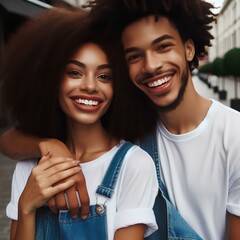  Young smiling couple looking flirty and excited - obrazy, fototapety, plakaty