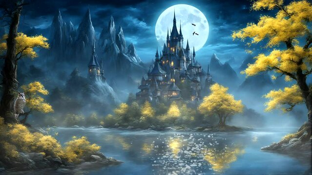 Castle with bats on full moon background in the mountains. Seamless looping time lapse 4k video animation background