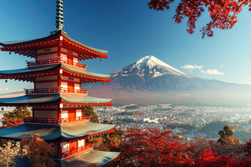 Colorful red pagoda with Mount Fuji in the background, depicting a Japan travel concept