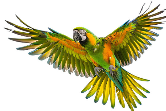A scarlet macaw parrot flying isolated on transparent background