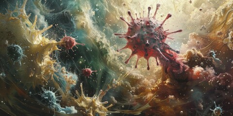 Fototapeta premium Experience the tumultuous spectacle of immune chaos in The Fury of Cytokine Storms, A Visual Journey Through Immune Chaos.