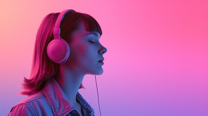 Side profile of a young woman with headphones against a vibrant pink and blue gradient background, depicting leisure and music enjoyment.