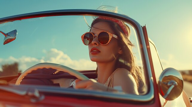 Fototapeta Stylish woman driving a vintage car on a sunny day, with sunglasses and wind in her hair.