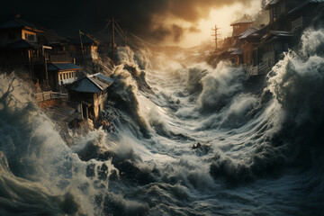 Tsunami, flood, water flow through the streets of the town, destruction of houses