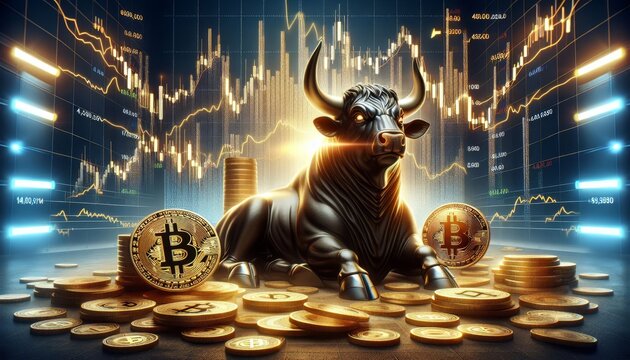 Bitcoin-Börsenbulle vor einem Chartbild