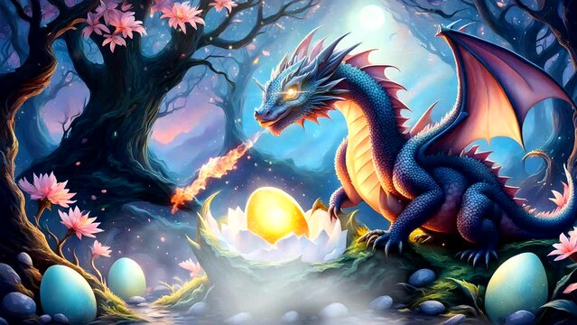 A dragon protected its eggs. Seamless looping time-lapse 4k video animation background
