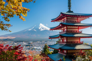 Naklejka premium Colorful red pagoda with Mount Fuji in the background, depicting a Japan travel concept
