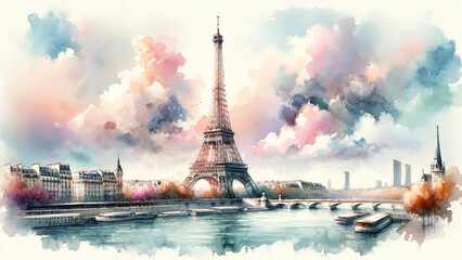 Eiffel Tower in a watercolor - obrazy, fototapety, plakaty
