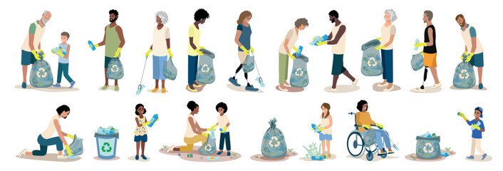 Men and women, elderly people and children of different nationalities remove plastic waste. Take care of the environment. Sorting, recycling and waste removal. Set of vector illustrations.