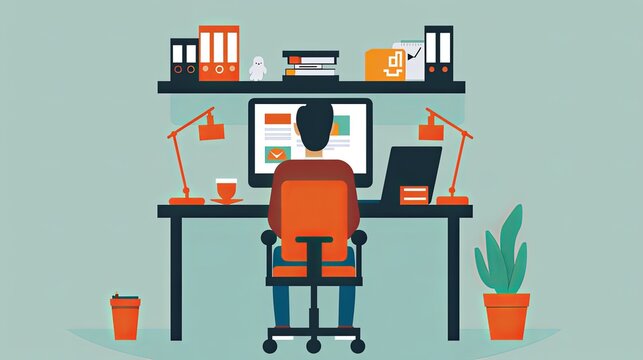 Man is sitting at desktop, Work the computer, Flat style illustration.