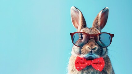 Easter Bunny wearing a bow tie and sunglasses. Funny Easter holiday and celebration concept. Copy-space for text. - obrazy, fototapety, plakaty