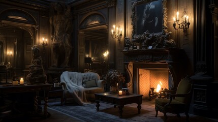 As I walked into the living room, my attention was immediately captured by the ornate fireplace, its flickering flames casting a cozy ambiance throughout the space  attractive look - obrazy, fototapety, plakaty