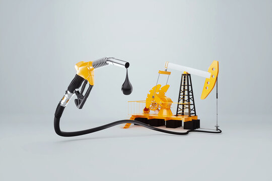 Oil production, mineral reserves, processing of petroleum products. The gas station gun hose goes into the oil well. Concept fuel, diesel fuel, oil production. 3D rendering, copy space
