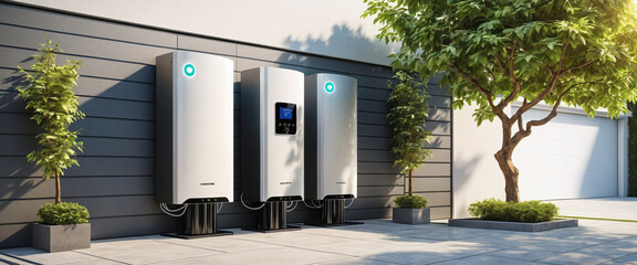 Solar-powered regenerative electrical energy storage for charging electric cars, electrical appliances and private households - obrazy, fototapety, plakaty