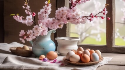 Obraz na płótnie Canvas easter still life with eggs and flowers