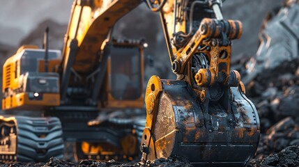 Excavator close up focusing on the intricate hydraulic system that powers its arm