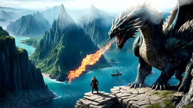 dragon on the cliff fighting with a warrior on mountains background. Seamless looping time-lapse 4k video animation background