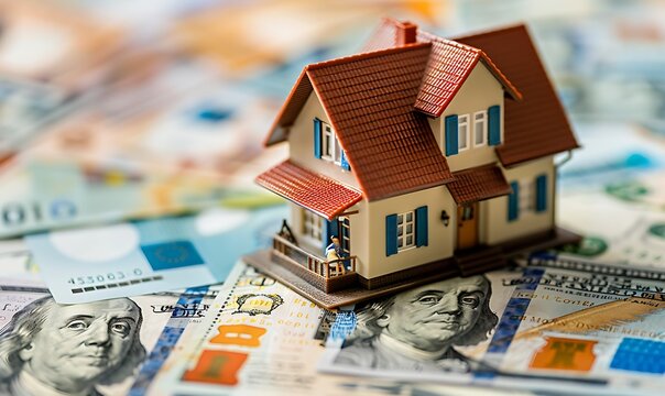Global Real Estate Valuation, Macro Close-Up of Model House Amid Currency Stacks - Powered by Adobe