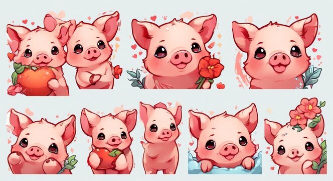 Cute baby pig emotions set Pink, little and friendly animal.