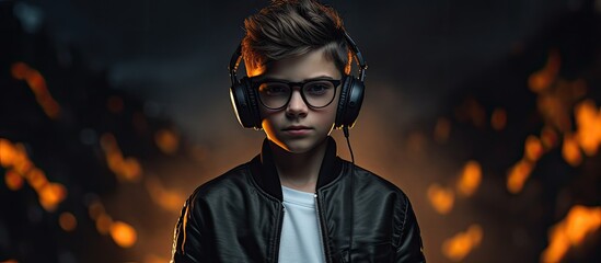 A young boy with glasses and headphones is standing in front of a fire, enjoying entertainment. His vision care paired with eyewear enhances the fun movie event experience - obrazy, fototapety, plakaty