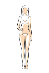 Woman body. Full-length standing portrait. Set of body-positive female. Five angles figure front, 3 of 4, side views shape. Vec
tor fashion silhouette outline line illustration