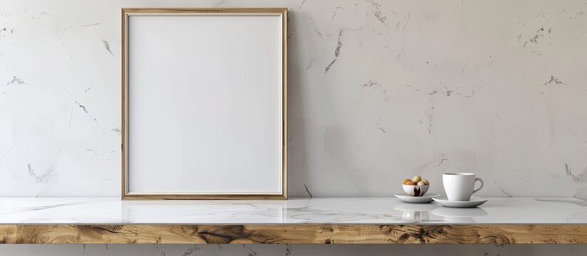 A rectangular picture frame hangs on a marble counter next to a cup of coffee in a building with hardwood flooring and metal fixtures