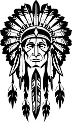 An Extraordinary iconic Native American chief in a black and white vector illustration, Suitable for logo design, tattoo design or print on demand